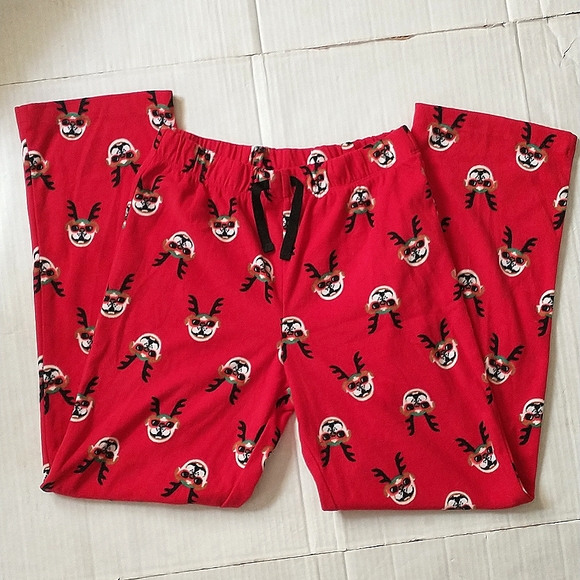 EUC soft youth pj pants, smiling bulldog with antlers & red sunglasses, holiday - Picture 1 of 3